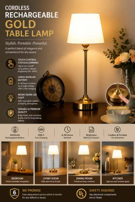 Cordless rechargeable gold table lamp with warm light on wooden desk, product features shown