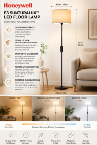 Honeywell F3 Sunturalux™ LED Floor Lamp – Modern Dimmable Standing Lamp with Remote Control